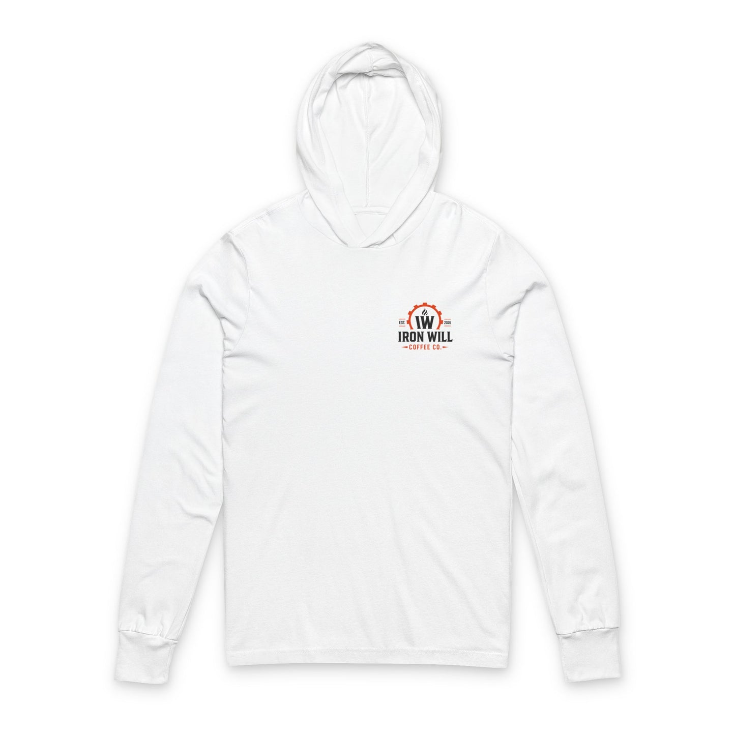 Fuel The Work Hooded Long-Sleeve Tee — Iron Will Coffee Co. Logo